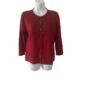 New August Silk Womens Red Button Up Cardigan Sweater ~Size XS Black Sequins NWT